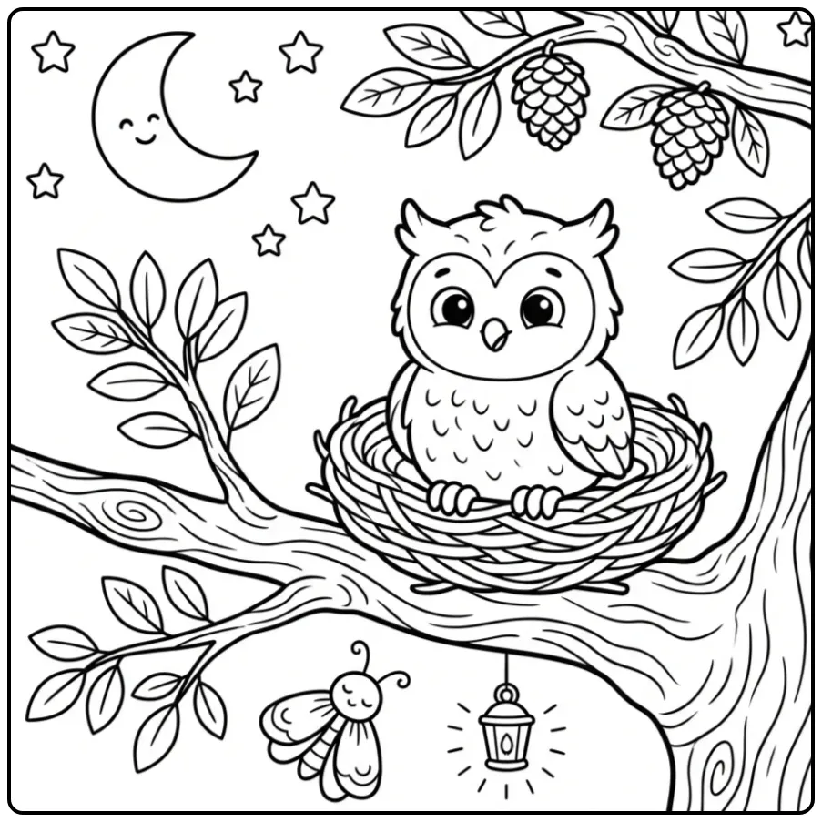 Cute Simple Owl at Night coloring page