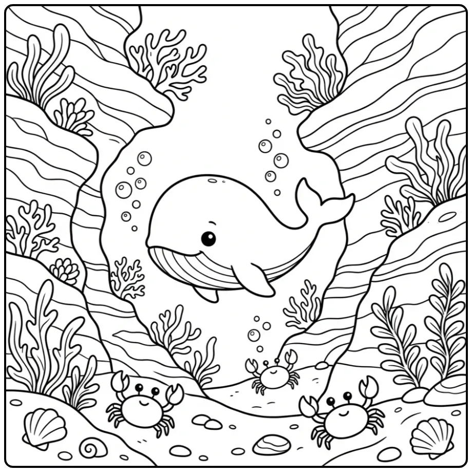 Cute Whale in an Underwater Canyon coloring page