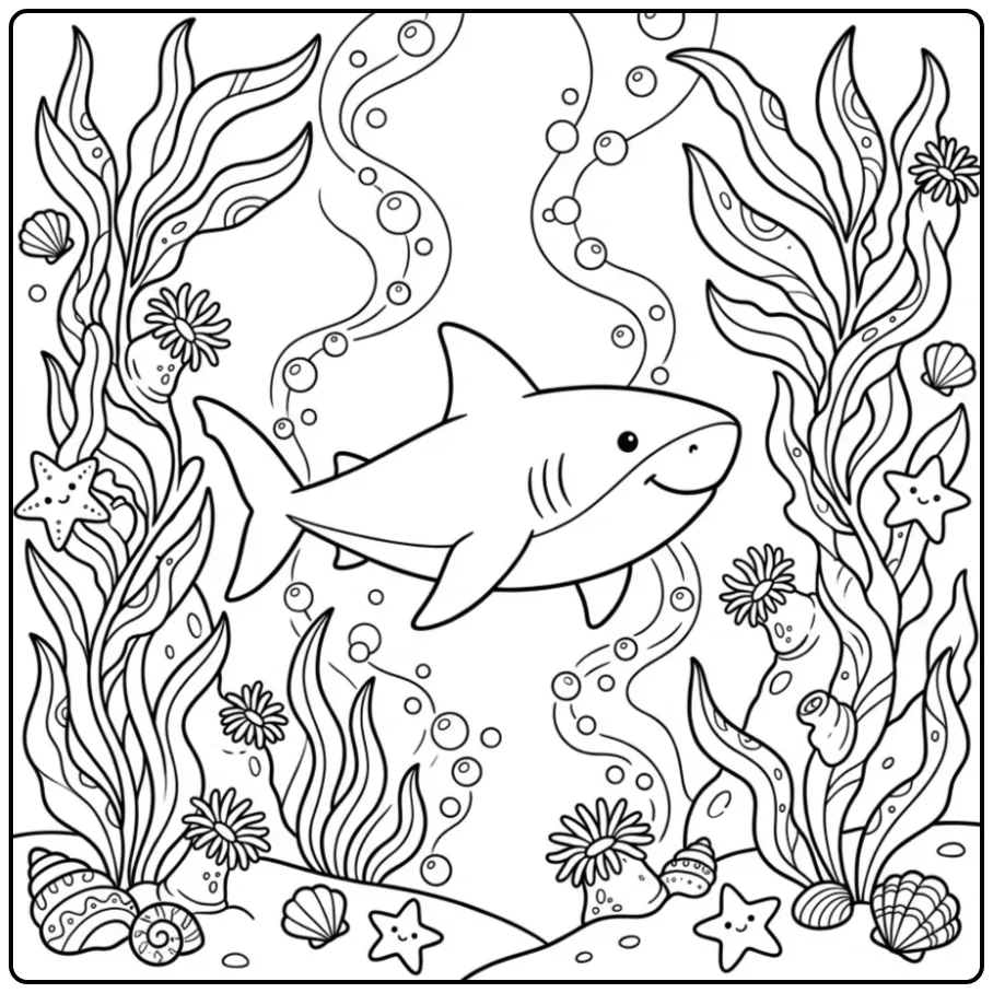 Cute Great White Shark in a Magical Kelp Forest coloring page