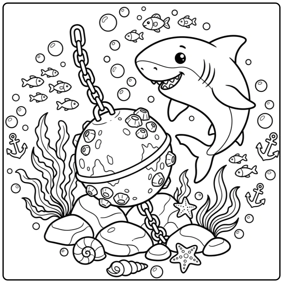 Cute Great White Shark with Bubbles and Shells coloring page