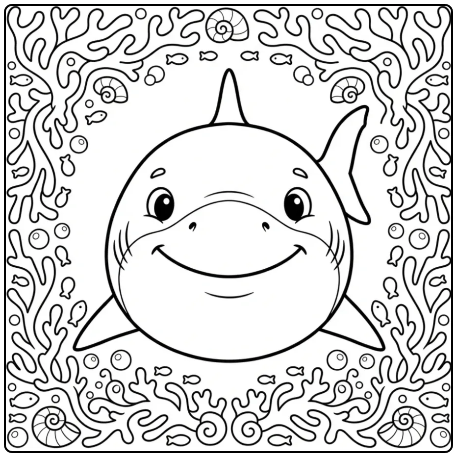Cute Great White Shark with Coral and Shells coloring page