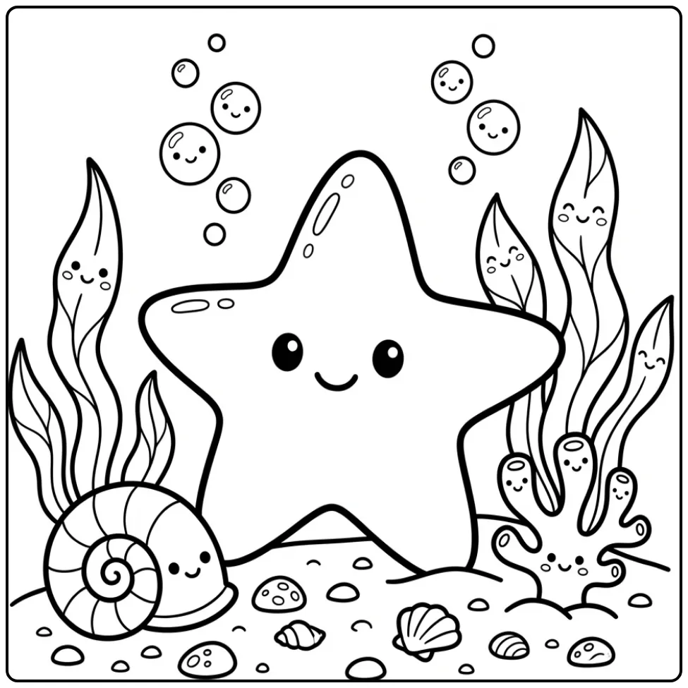 Starfish coloring page with a shell and coral on the sea floor