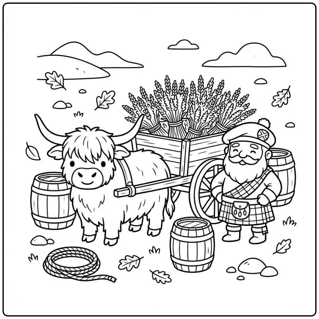 Scottish Highland Cow with a Wooden Cart coloring page