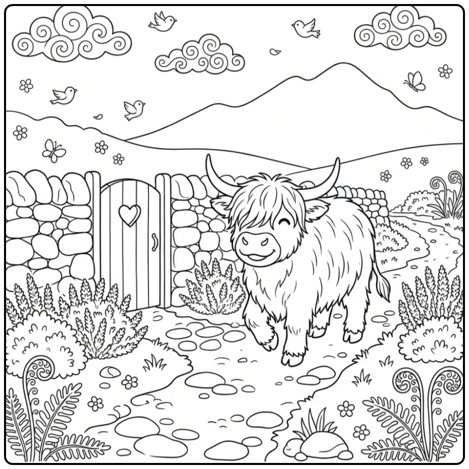 Scottish Highland Cow Cute Koe and Fence coloring page