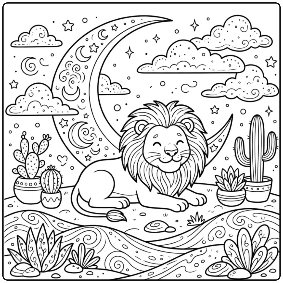 Calm adult lion coloring page under the moon
