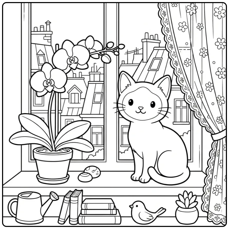 Siamese Cat on a Windowsill with an Orchid coloring page