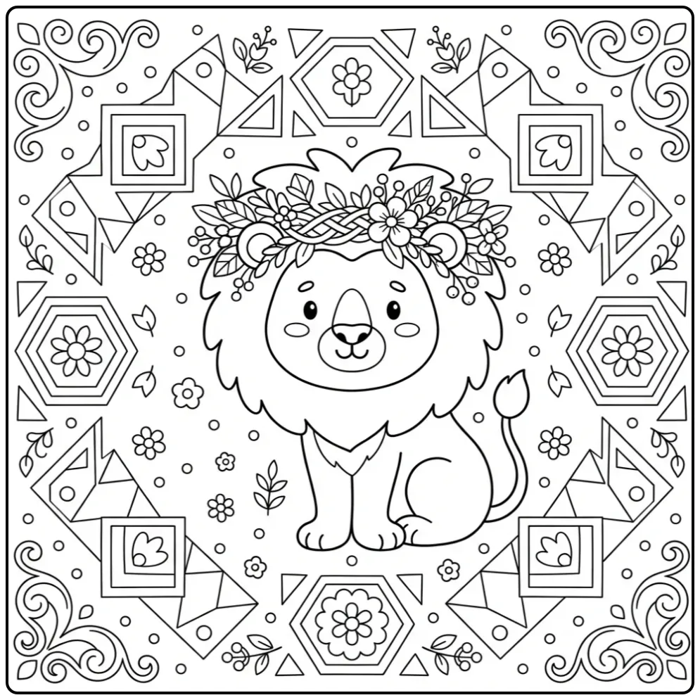 Adult mandala lion coloring page with a flower wreath