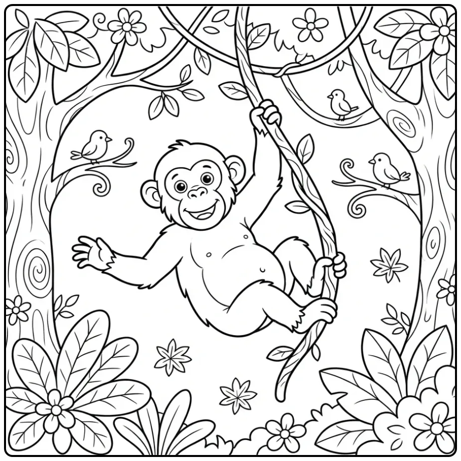 Chimpanzee coloring page swinging on a vine