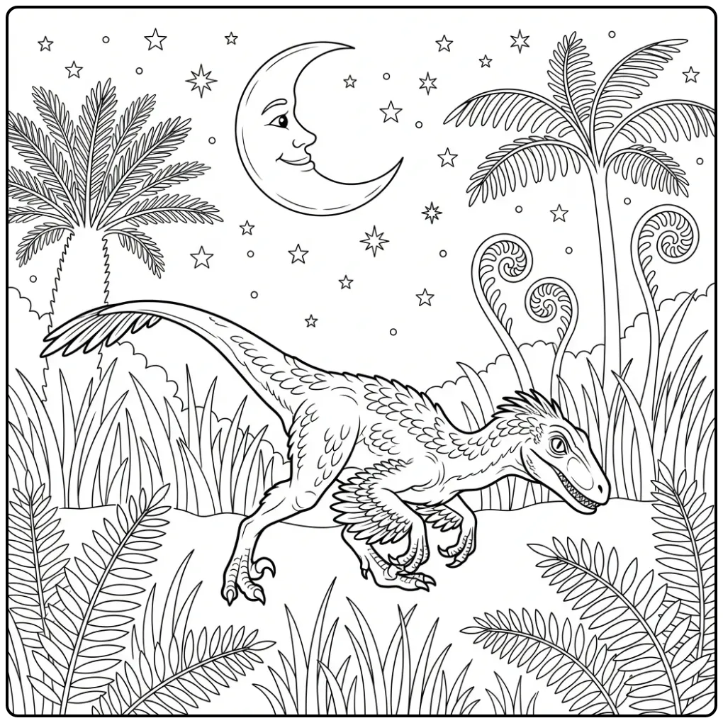 Sneaky Raptor Among Ferns and Trees coloring page
