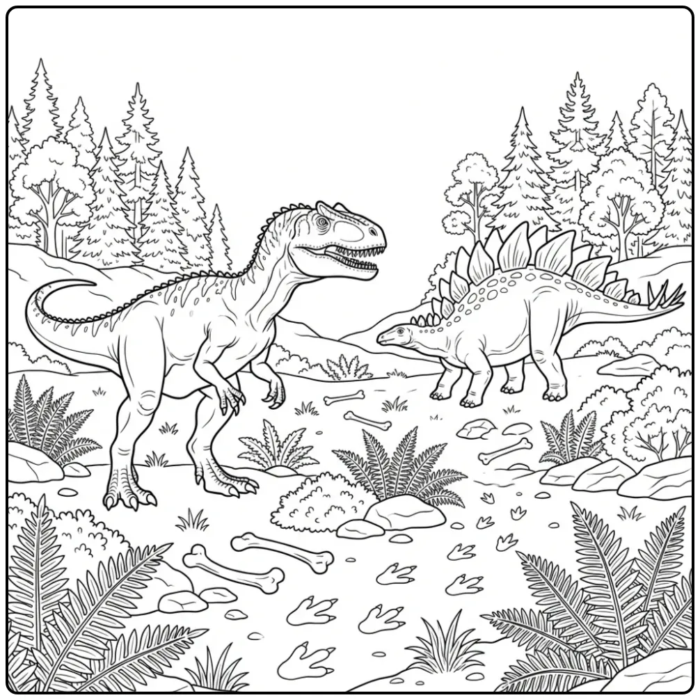 Detailed Allosaurus coloring page with a Stegosaurus