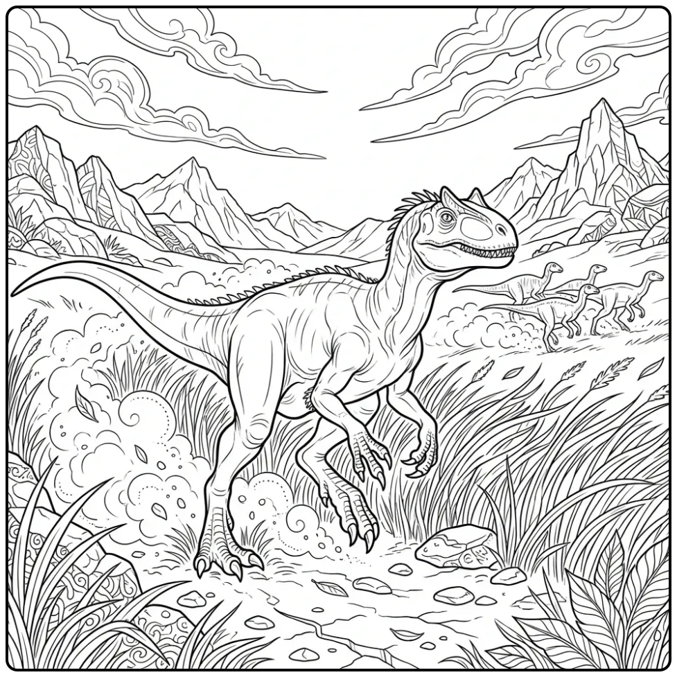 Running Allosaurus coloring page with mountains and clouds