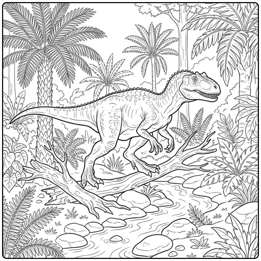 Realistic Allosaurus coloring page in a dense ancient forest