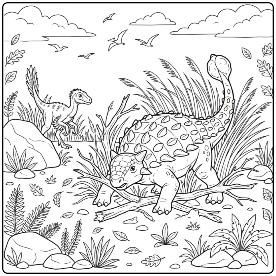 Ankylosaurus coloring page defending itself from a dinosaur