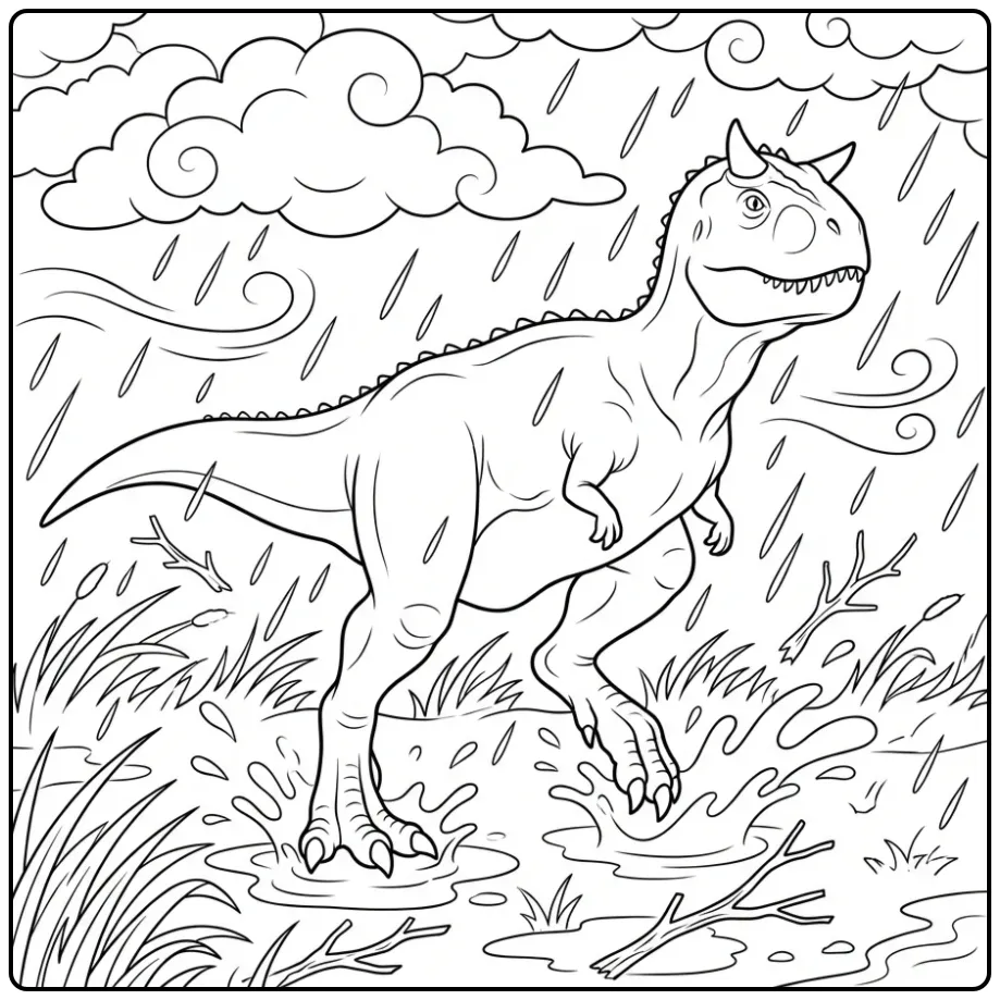 Carnotaurus coloring page walking through a storm
