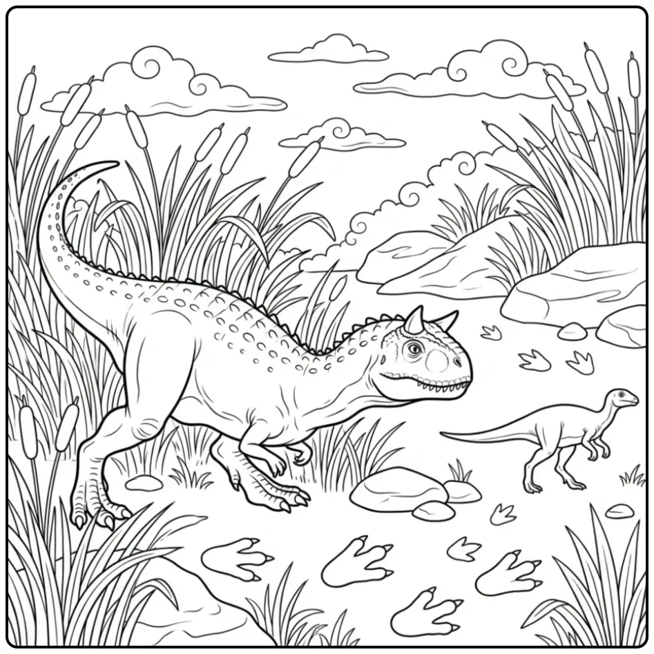 Sneaking Carnotaurus coloring page between tall grasses