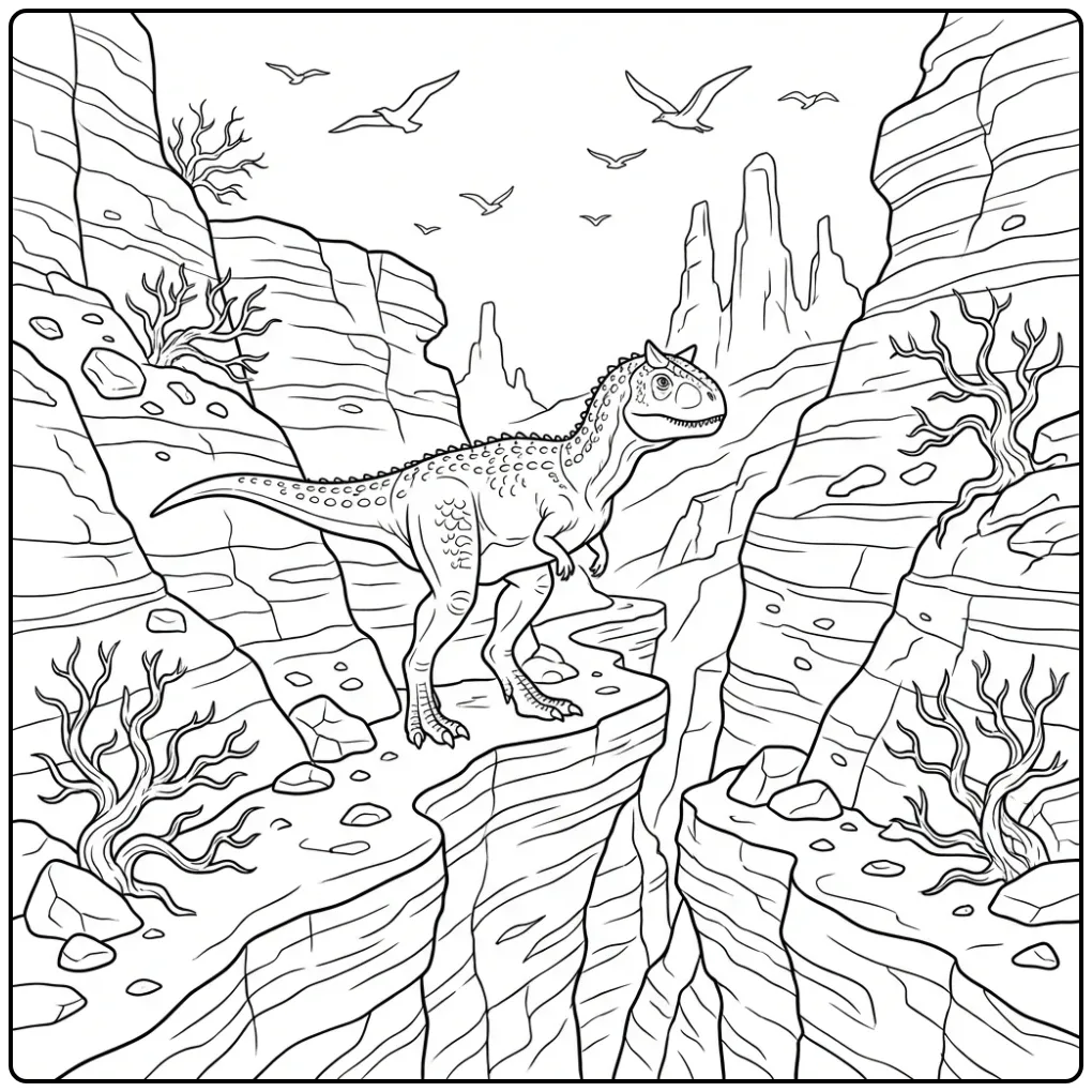Carnotaurus coloring page on a narrow rock ledge in a canyon