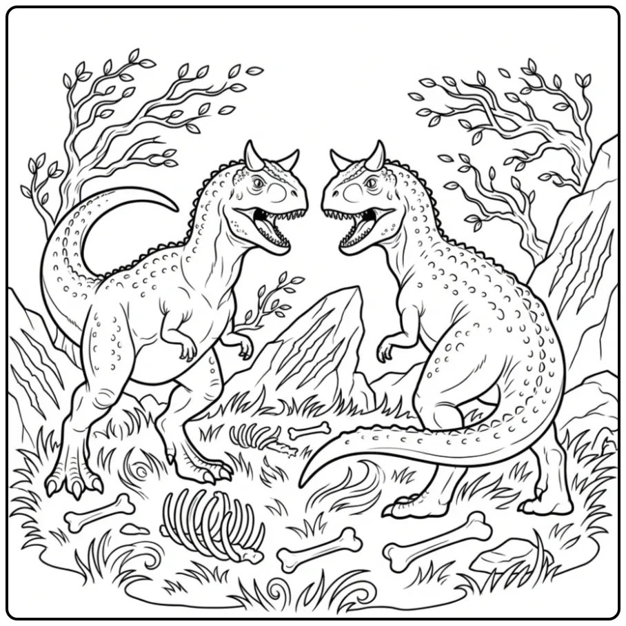 Carnotaurus coloring page with two rivals facing each other