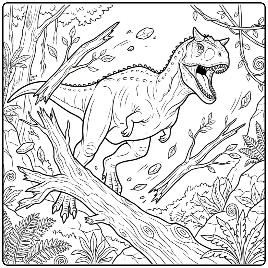 Action Carnotaurus coloring page jumping over a log