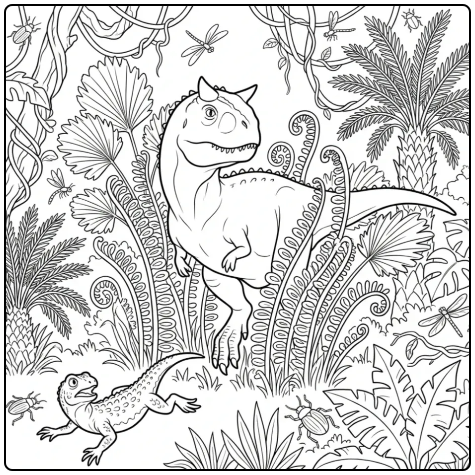 Carnotaurus coloring page in a jungle with ferns and a lizard