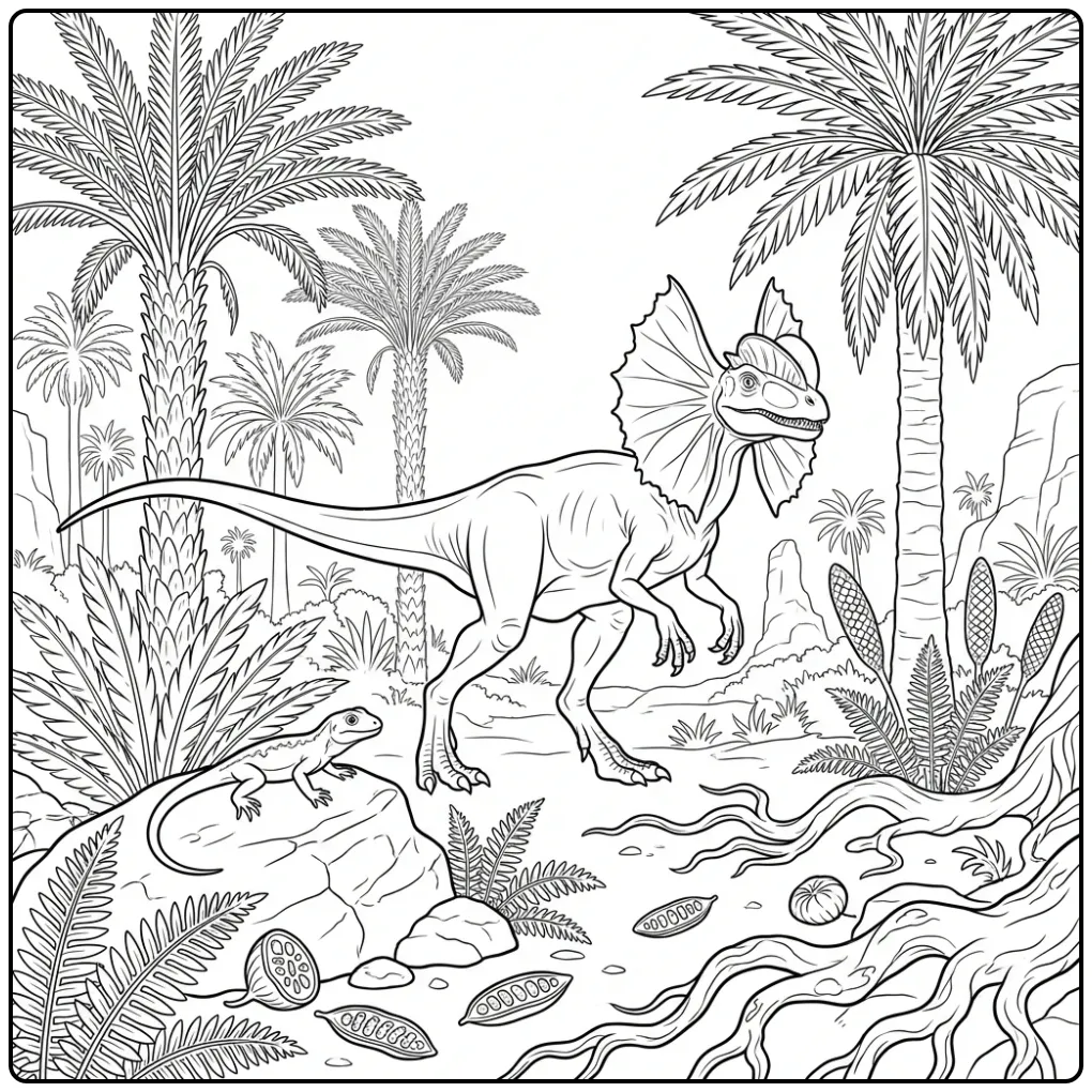 Exciting Dilophosaurus Hunting in the Jungle coloring page