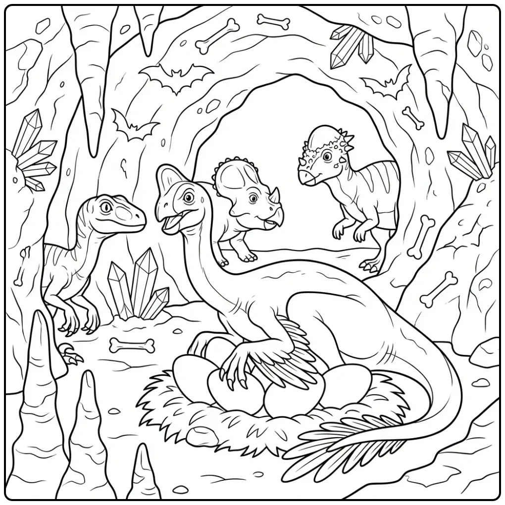 Exciting Dinosaur Oviraptor in a Cave coloring page