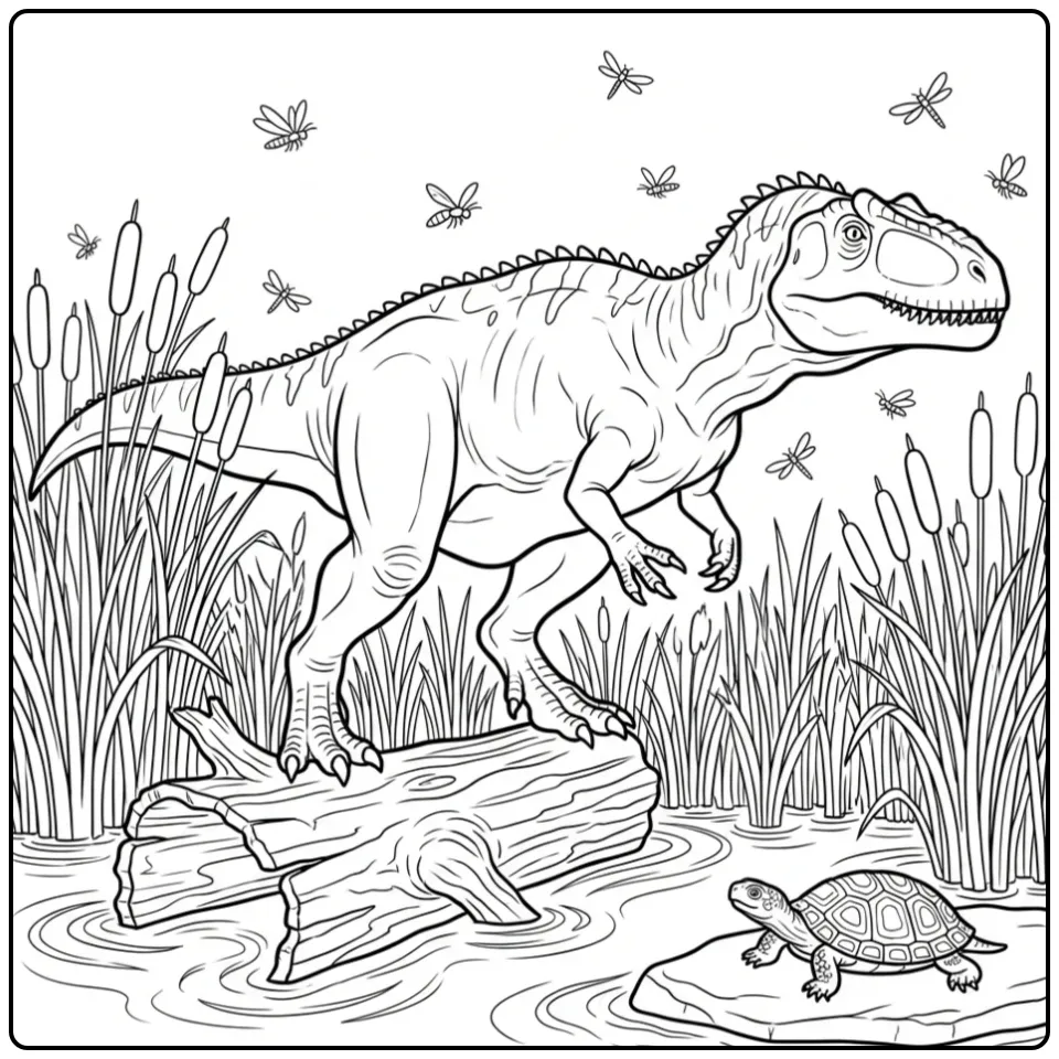 Detailed Giganotosaurus coloring page in a marsh