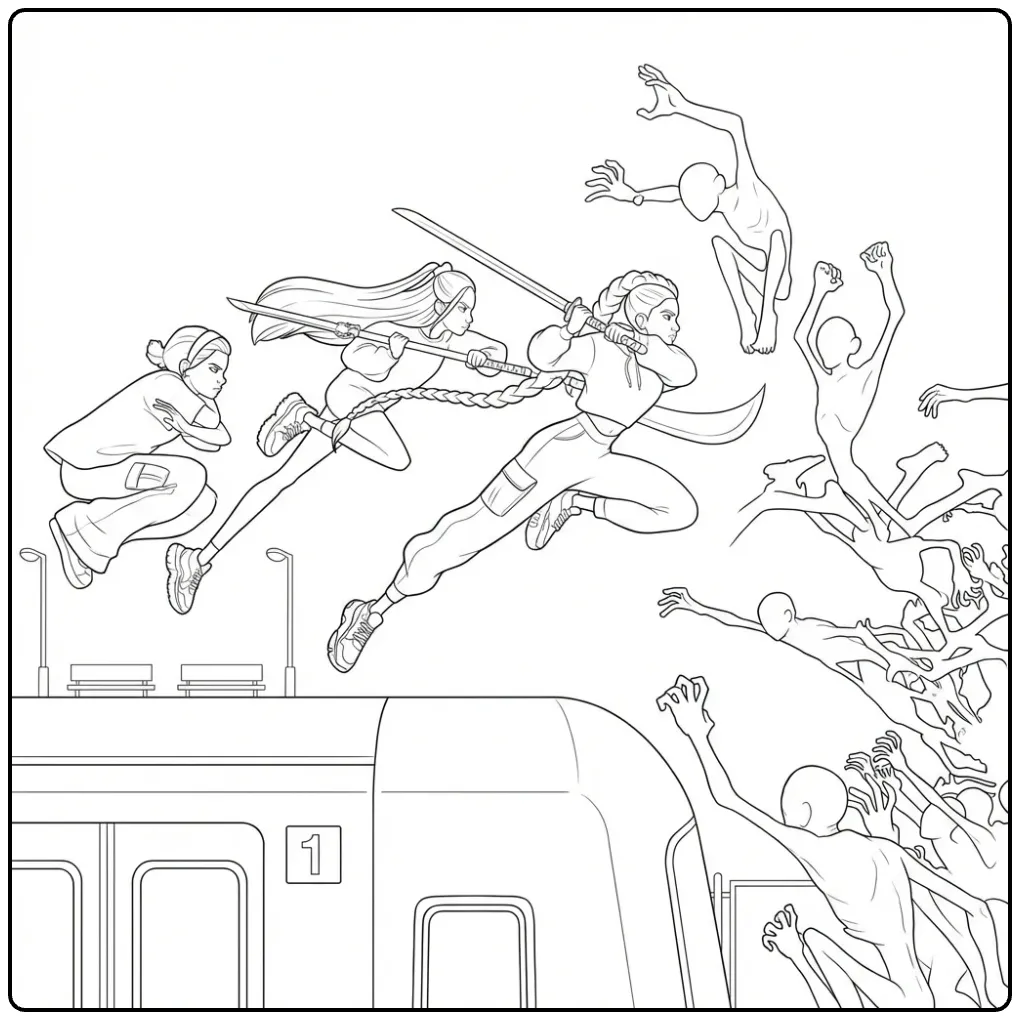 Exciting KPop Demon Hunters Train Fight coloring page