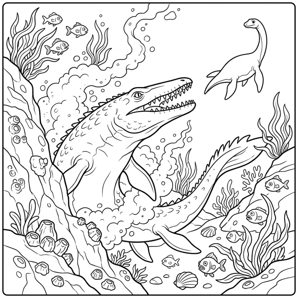 Mosasaurus coloring page hunting a plesiosaurus