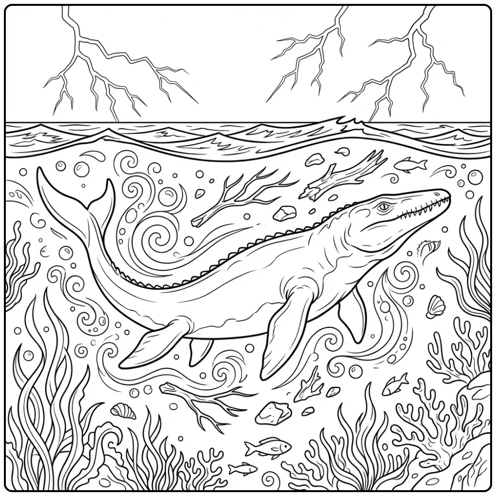 Mosasaurus coloring page swimming through wild waves