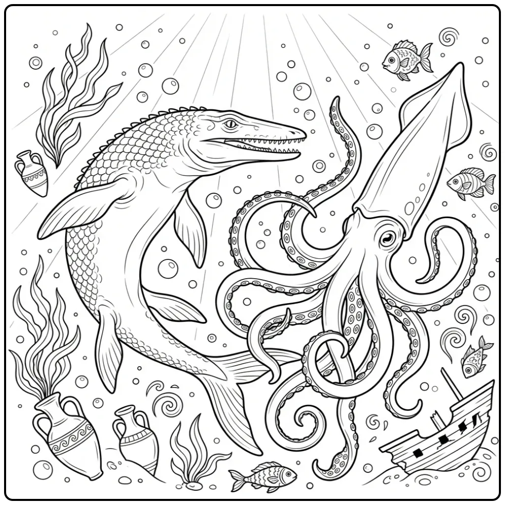 Deep-sea Mosasaurus coloring page with a giant squid