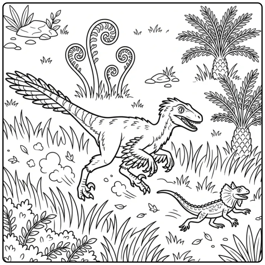 Exciting Raptor in the Prehistoric Jungle coloring page