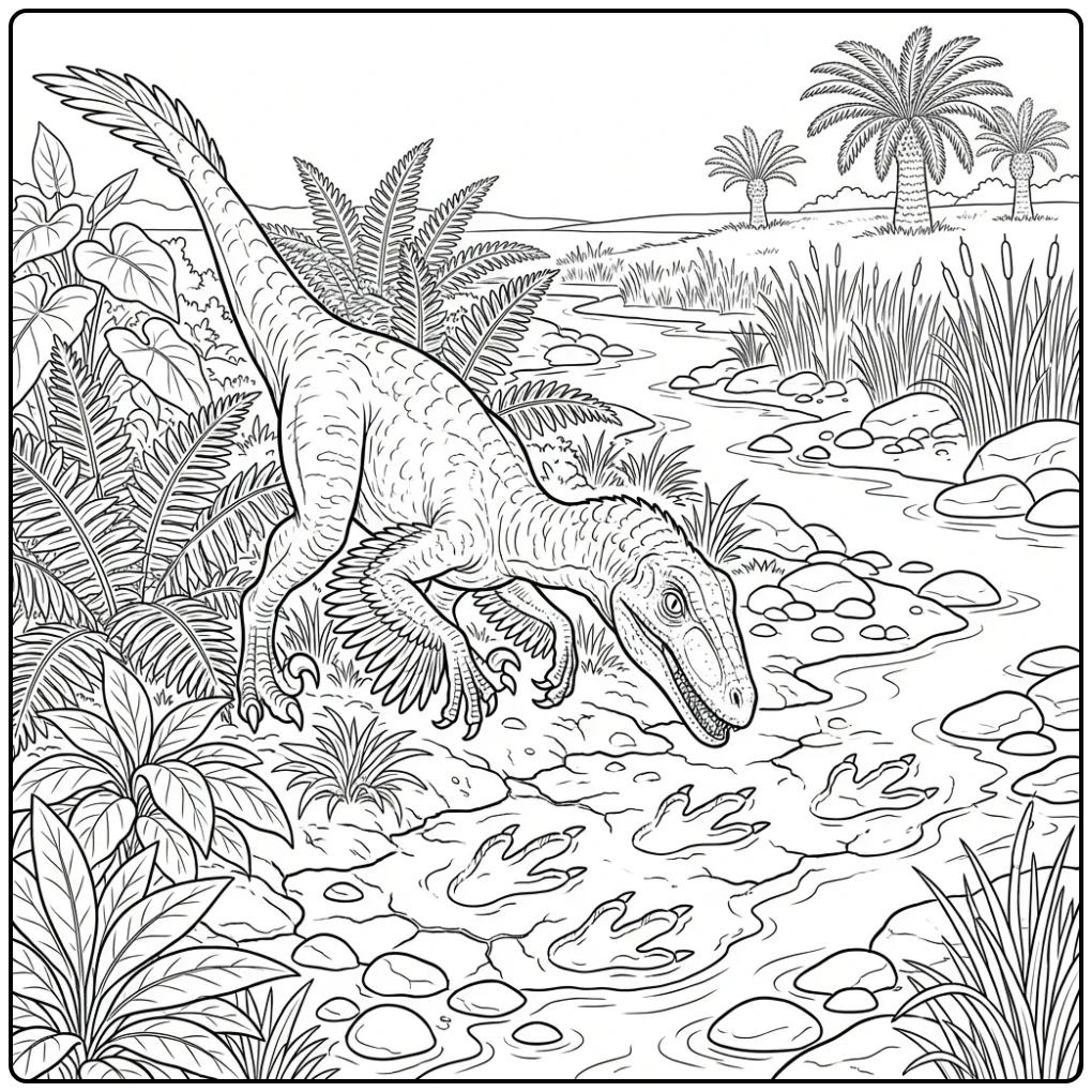 Exciting Raptor in a Prehistoric Forest coloring page