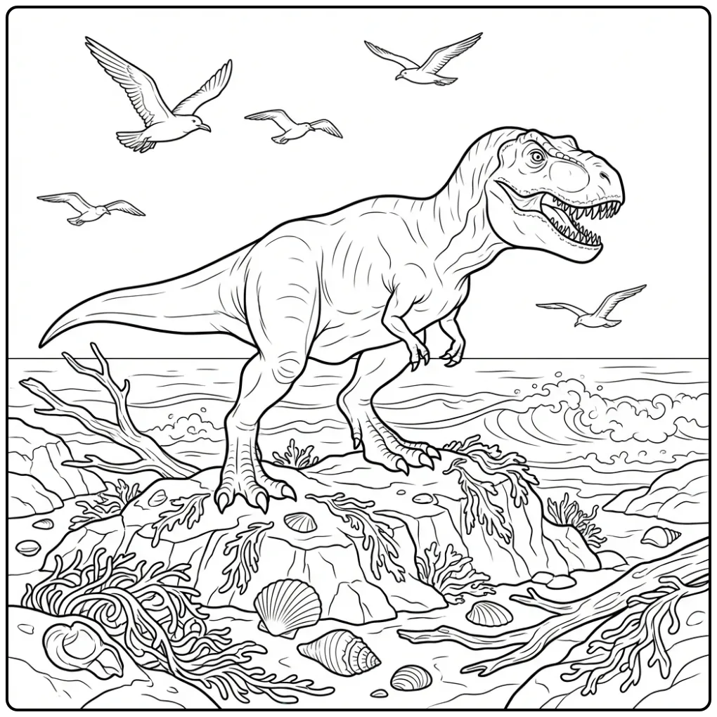 Realistic T. Rex coloring page on a beach with rocks