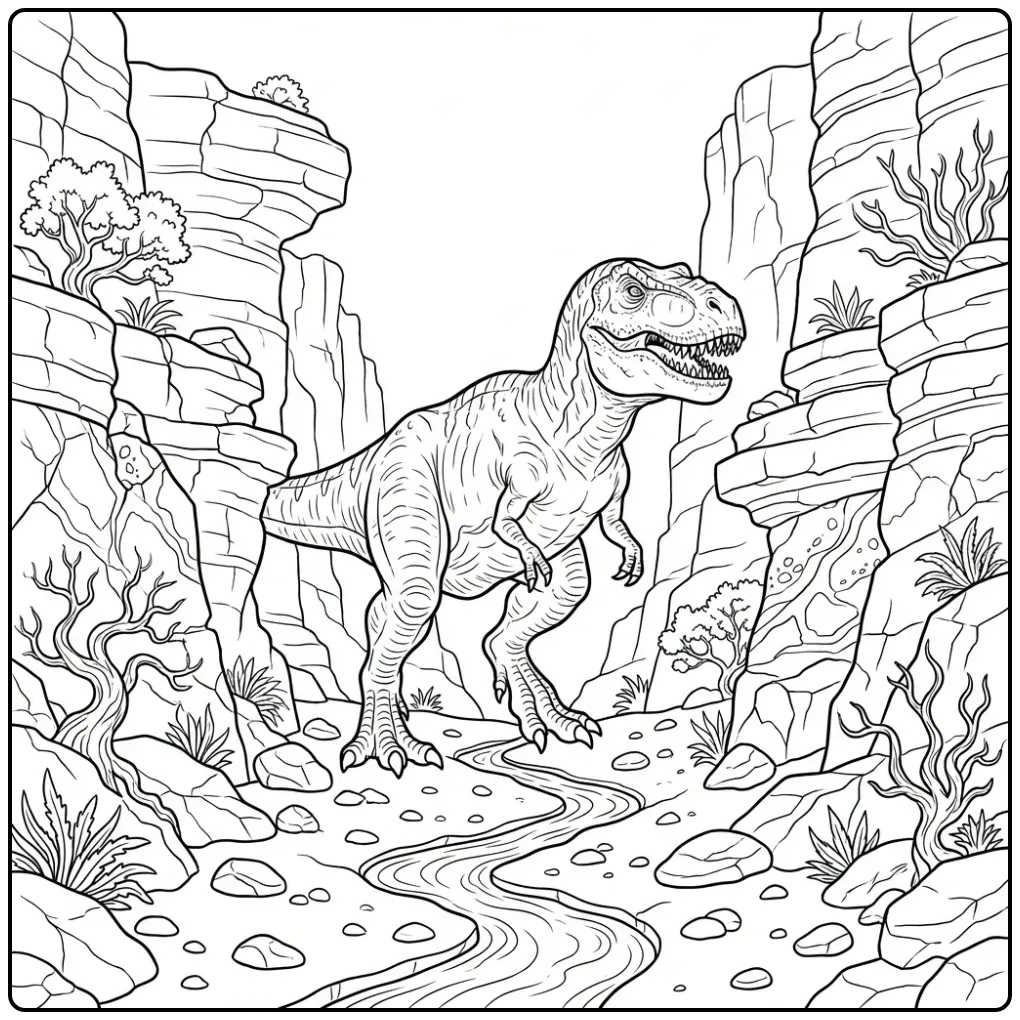 Realistic T. Rex coloring page between tall rock walls