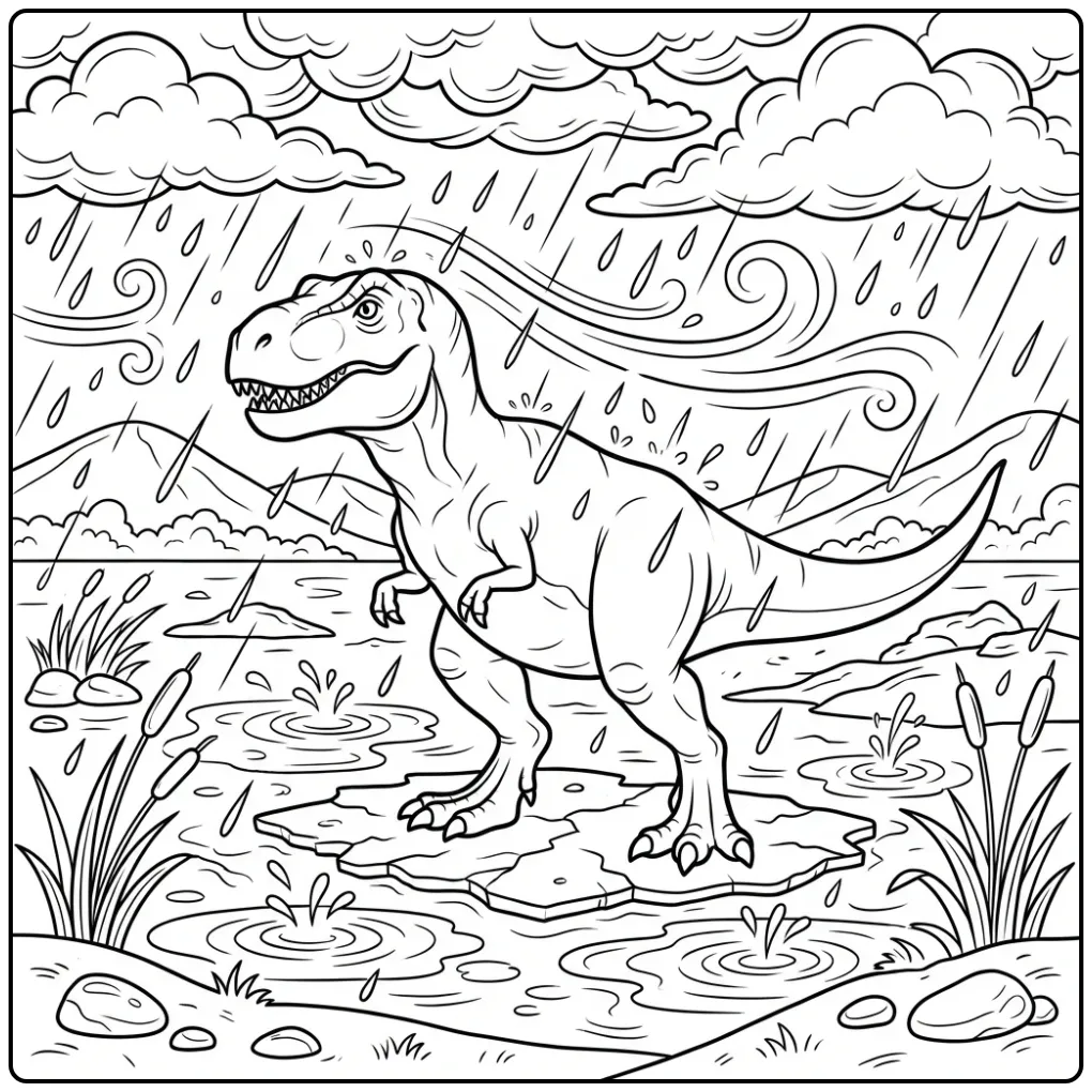 T. Rex coloring page with rain and wind on a muddy plain