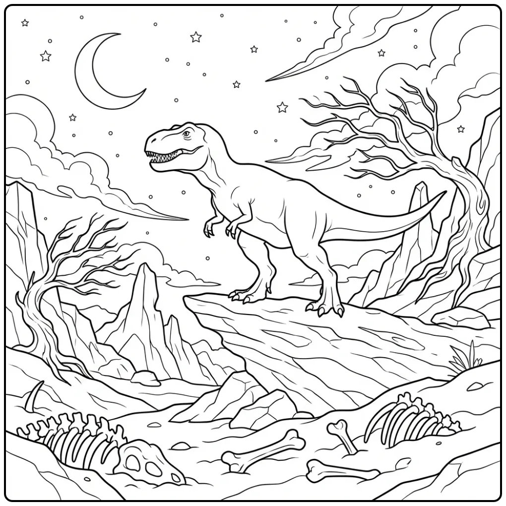 Realistic T. Rex coloring page under a starry sky and moon
