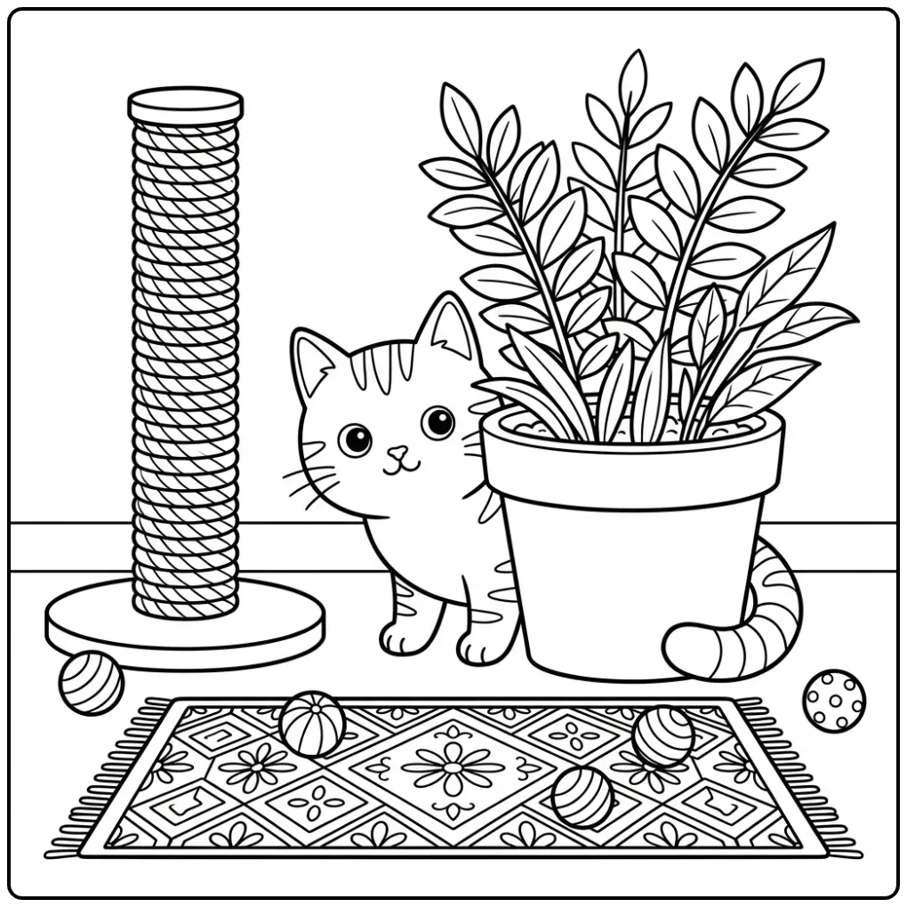 Playful American Shorthair Cat with Toys coloring page