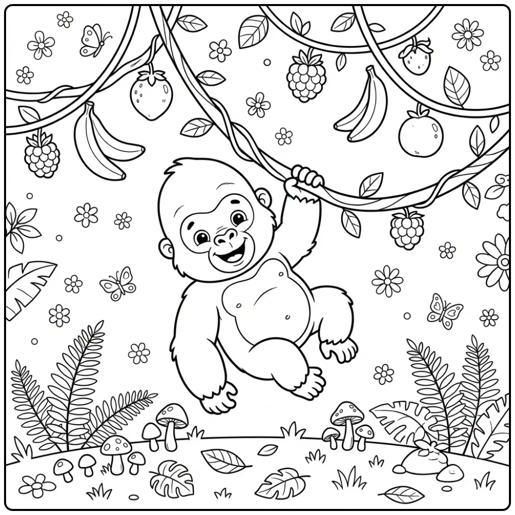 Playful Baby Gorilla in the Jungle coloring page