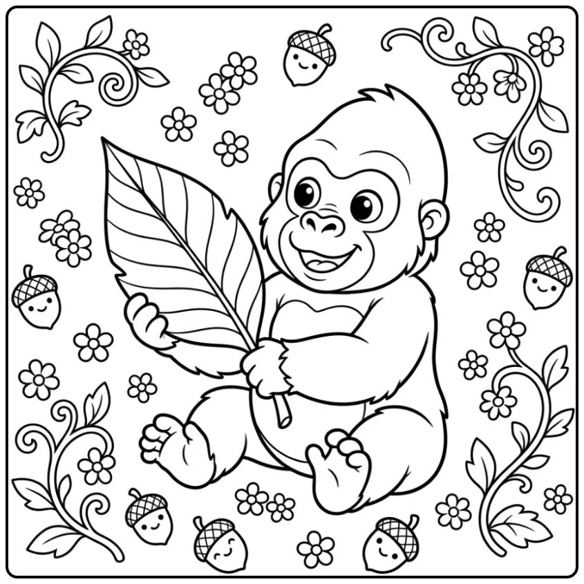 Playful Baby Gorilla Leaves and Flowers coloring page
