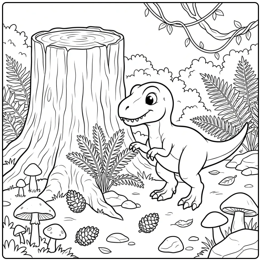 Cute baby T. Rex coloring page playing in the forest