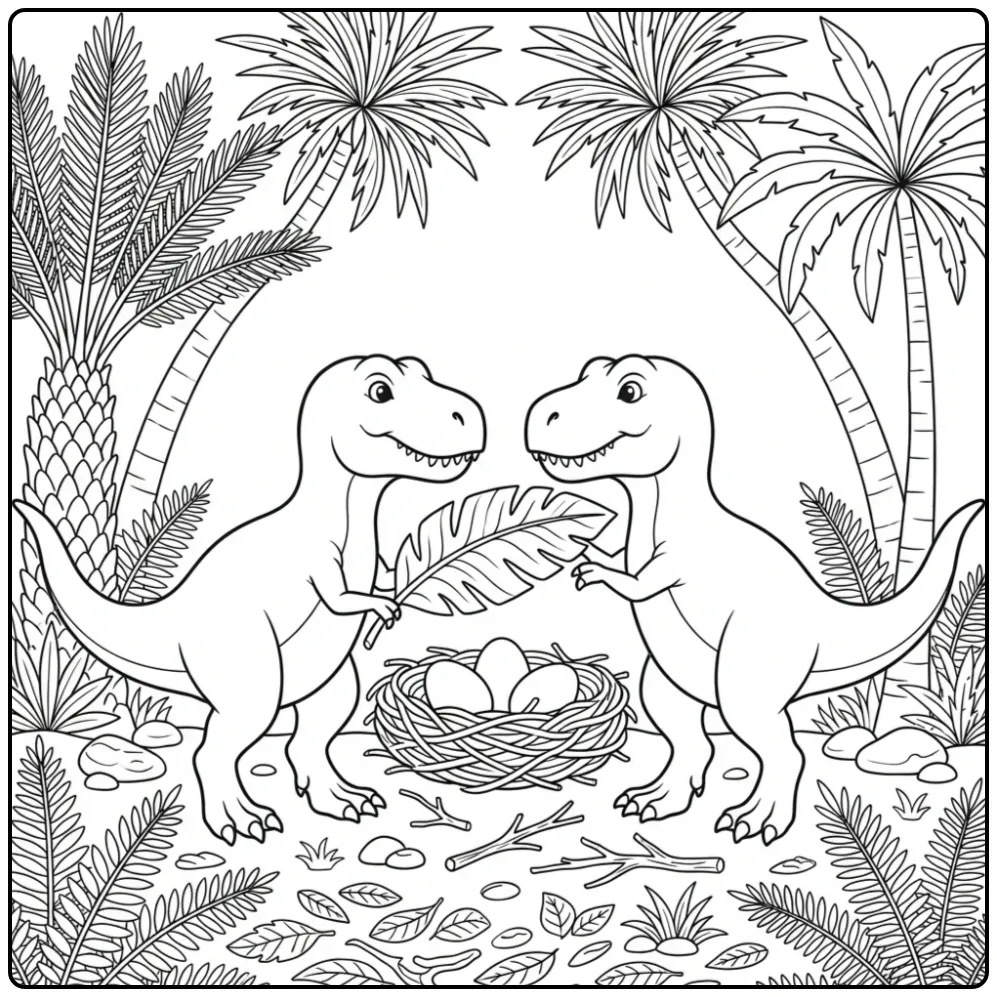 Cute baby T. Rex coloring page with two dinosaurs and a leaf
