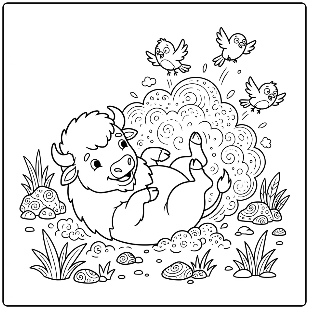 Playful Bison Taking a Dust Bath coloring page