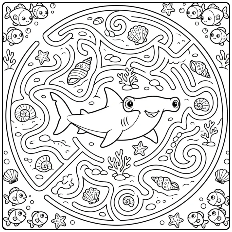 Playful Hammerhead Shark Shells and Fish coloring page