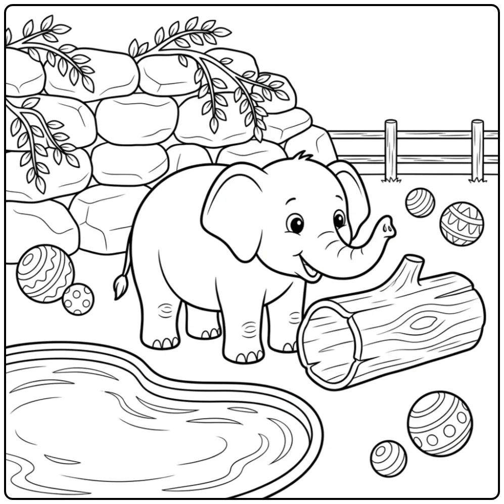 Elephant coloring page with toys and water