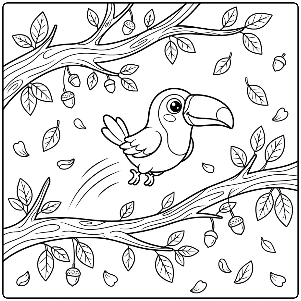 Playful Toucan Hopping Among Branches coloring page