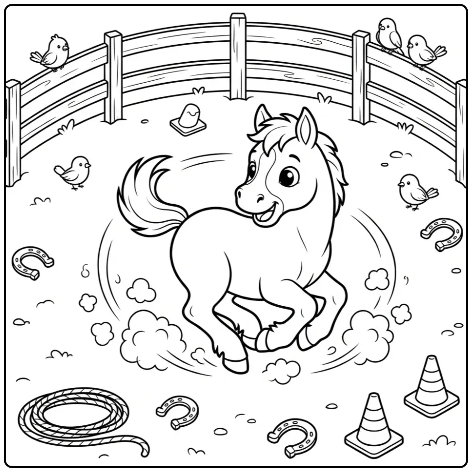 Playful Foal in a Round Riding Arena coloring page