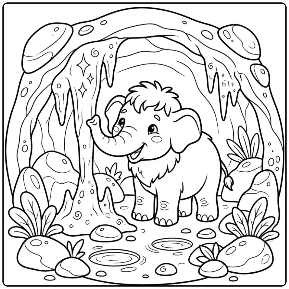 Playful Mammoth Calf Among Icicles coloring page