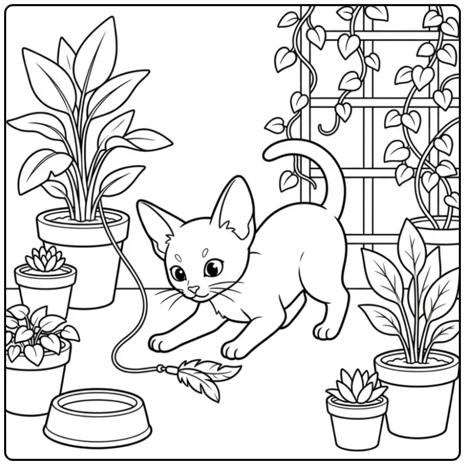 Playful Cat Pots and Plants in the Sun coloring page