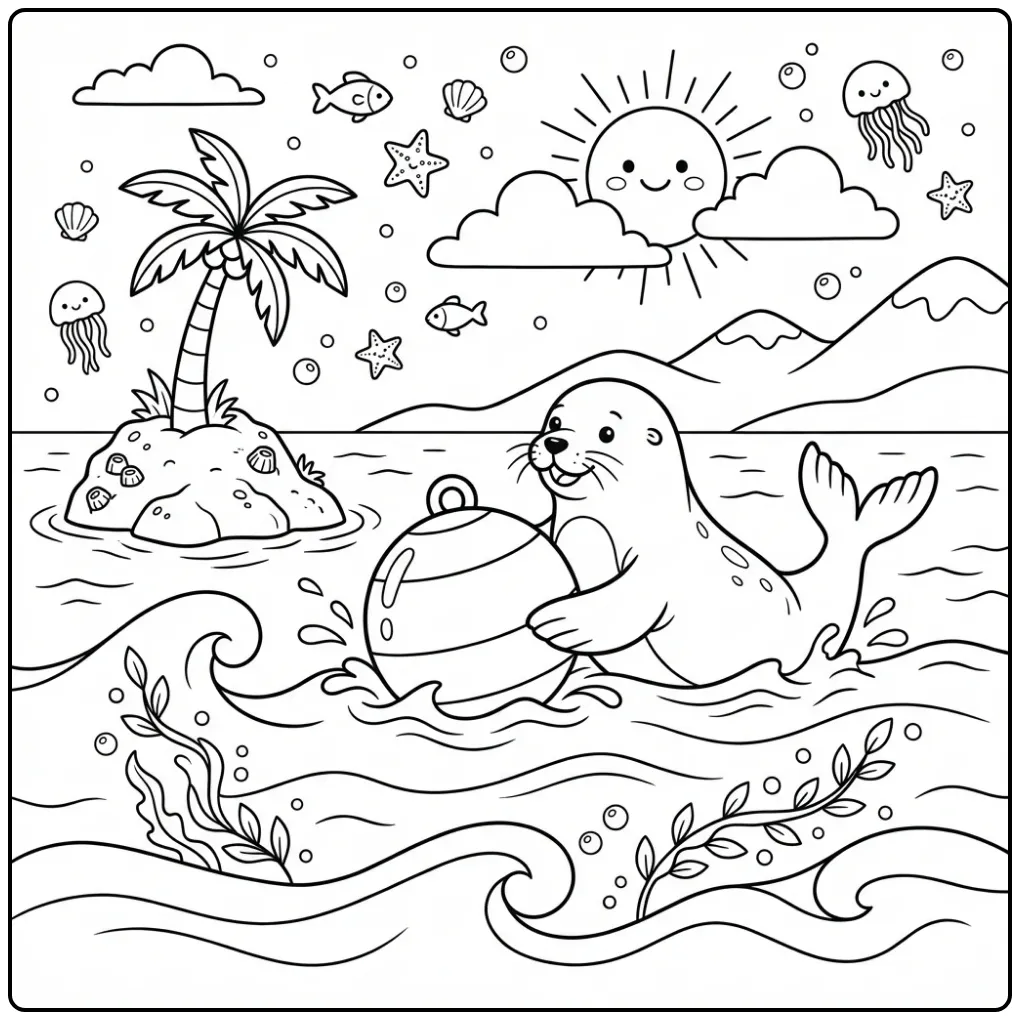 Sea lion coloring page showing a sea lion playing with a buoy