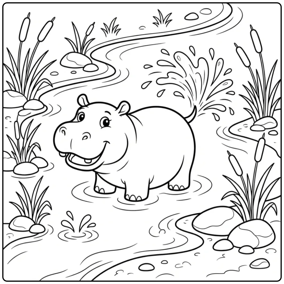 Hippo coloring page featuring a hippo splashing